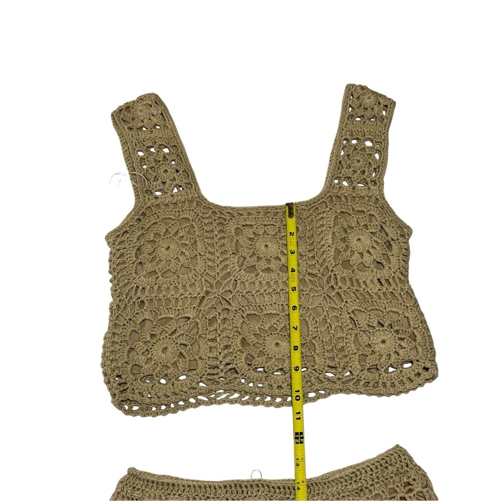 Lnable by Mable Tan Crochet Matching Set Crop Top Mini Skirt Boho Festival M - Picture 6 of 13